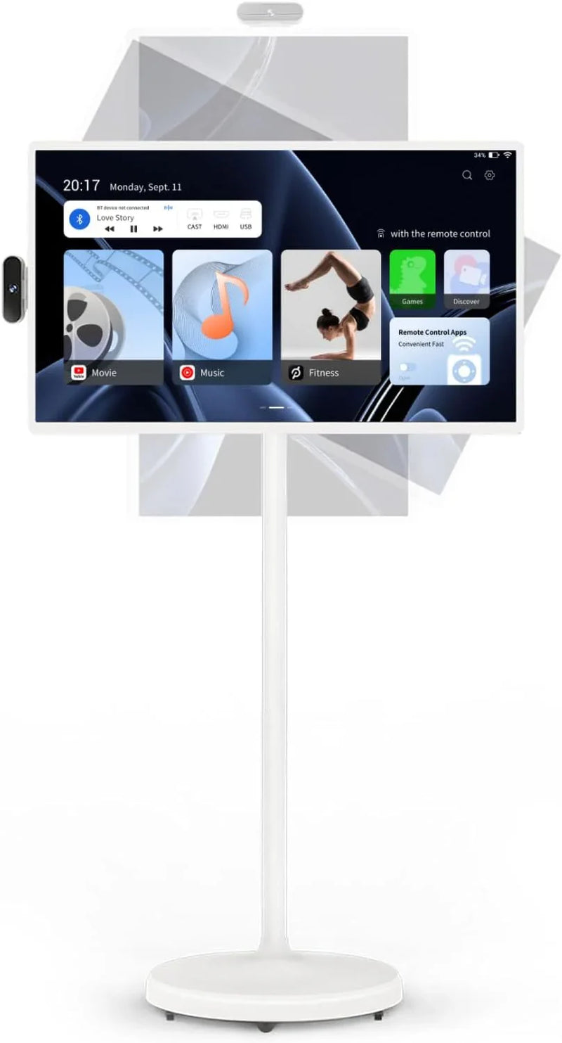 32-Inch Portable TV, 1080P FHD Rolling TV on Wheels with Rotatable Touch Screen, Android 13 OS, 8G RAM 128G Storage, Built-in Battery, Full Swivel Rotation, Voice Remote H0166
