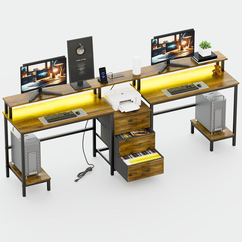 2 Person Desk with LED Lights & Charging Station – Long Desk for 2 with Storage Drawers, Monitor Riser, USB Ports & Outlets – Modern Study Table or Workstation for Home Office V1478