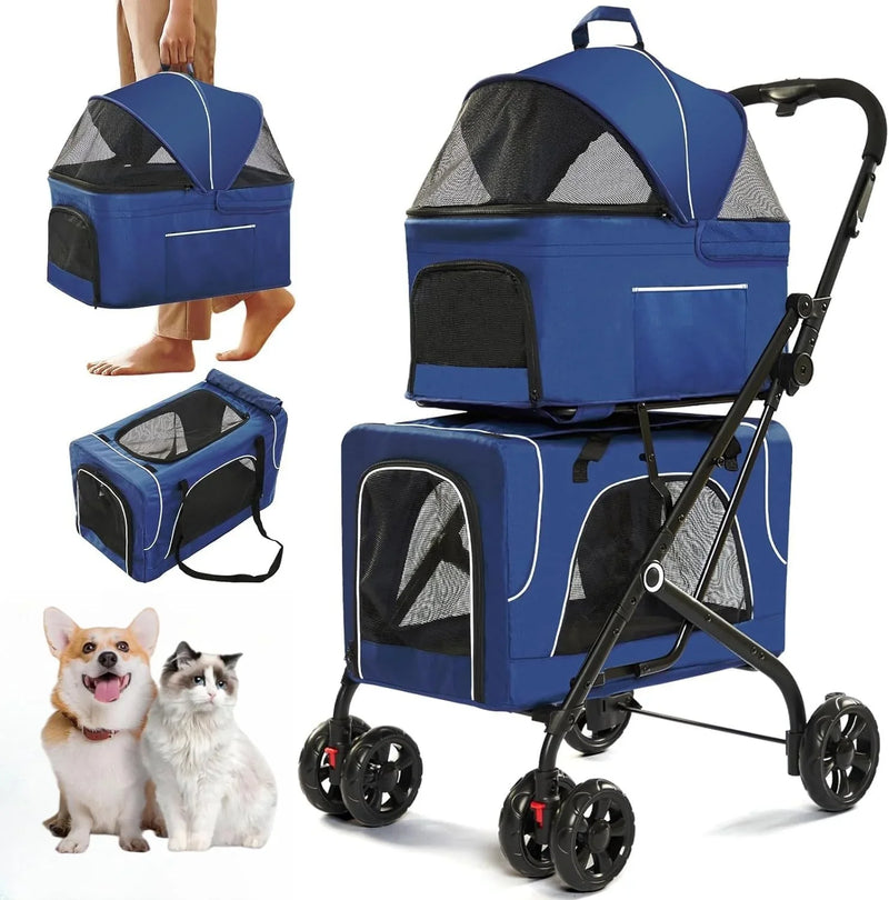 Double Dog Stroller for 2 Dogs, Detachable Carriers, Safety Belt, Lockable Wheels, Pet Travel Carrier Strolling Cart, Folding Cat Stroller for Small Medium Pets Dogs (Blue) D0901