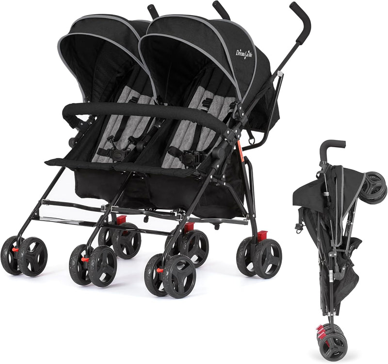 Twin Umbrella Stroller in Black, Lightweight Double Stroller for Infant & Toddler, Compact Easy Fold, Large Storage Basket, Large and Adjustable Canopy C5802