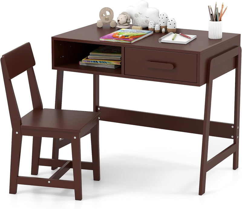 Kids Desk and Chair Set, Wooden Children School Study Table and Chair w/Storage Drawer & Hutch, Student Writing Desk Computer Workstation for Bedroom, Gift for 3 Years Old (White) X8046