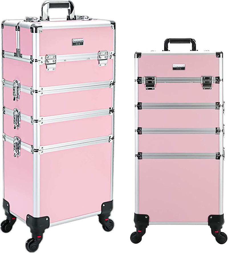 4 in 1 Professional Rolling Aluminum Cosmetic Makeup Train Organizer Storage Case Artist Train Case Salon Beauty Cosmetic Jewelry Organizer Trolley with 4 Wheels (All Black) Y205