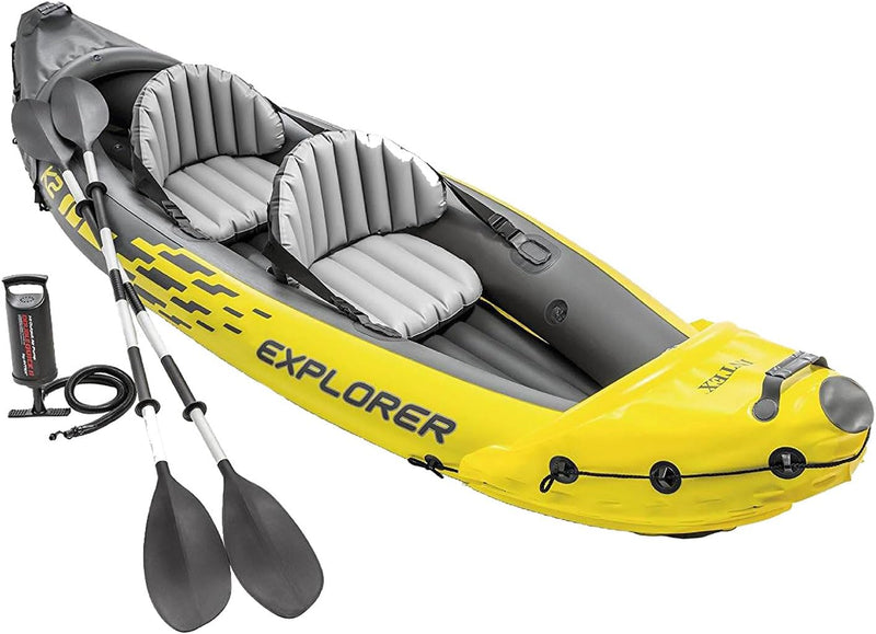 Explorer K2 Inflatable Kayak Set: Includes luxurious 86-inch aluminum paddle and high-output pump - extremely durable PVC material - adjustable seat with backrest - suitable for two people - maximum weight capacity 400 pounds B7350