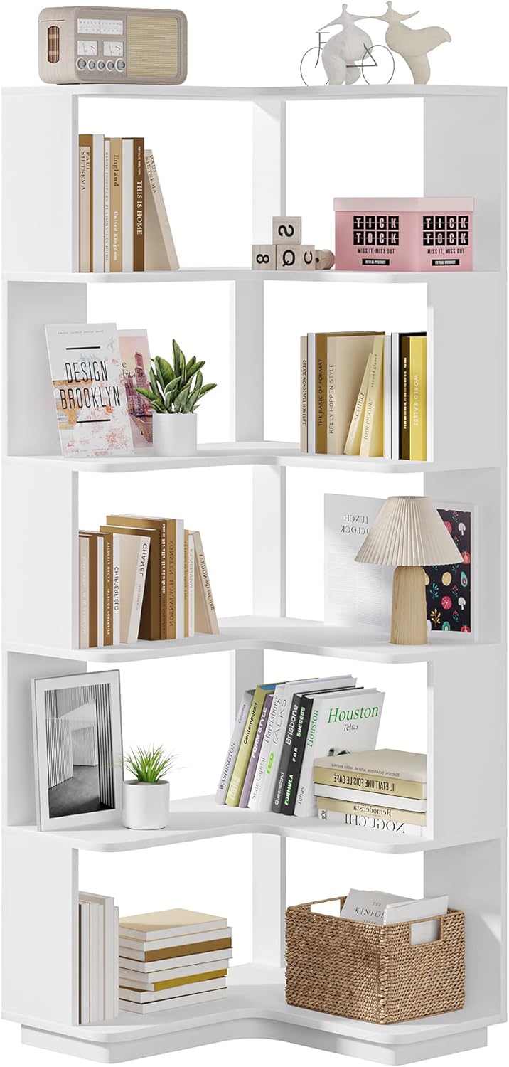 Tribesigns 6-Tier Corner Bookshelf, 64.9 Inch Tall Bookcase with Anti-Drop Panel, Modern Freestanding Corner Shelf Display Rack Storage Organizer for Home Office, Living Room, WhiteTribesigns 6-Tier Corner Bookshelf, 64.9 Inch Tall C8674