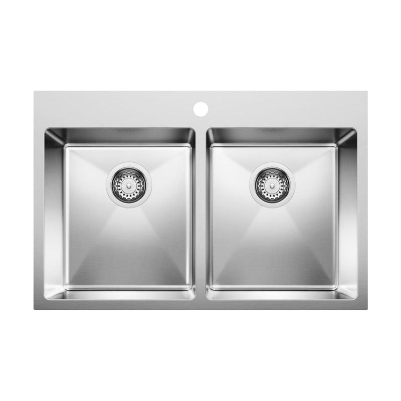 Quatrus R15 31-in 50/50 Double Bowl Dual Mount Stainless Steel Kitchen Sink M7571