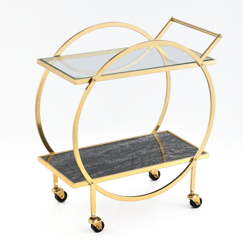 Zara 2-Tier Circular Rolling Bar Storage Cart with Mirrored Top, Gold L5054