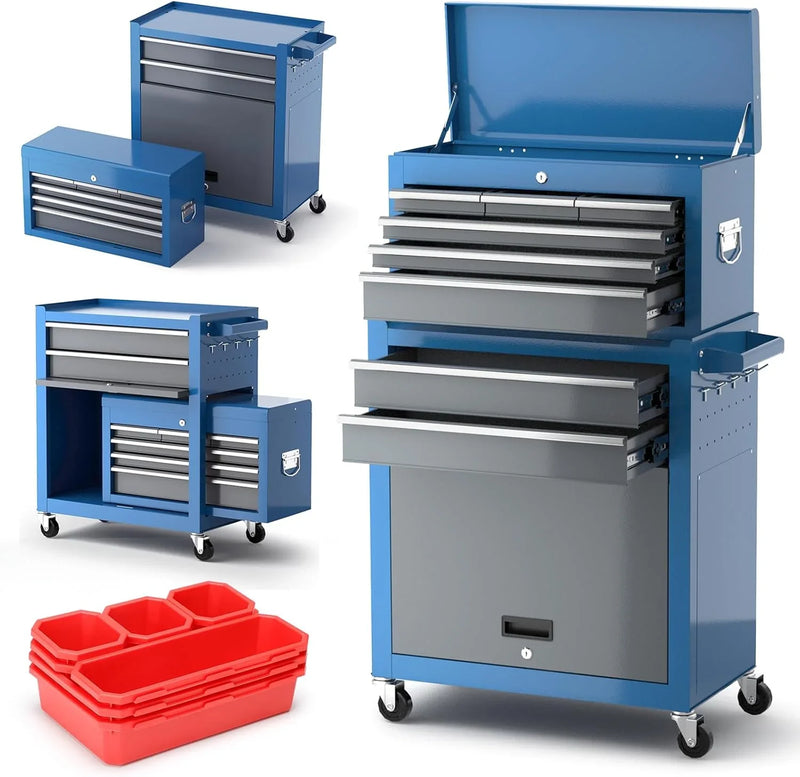 Tool Chest 8-Drawer | 42'' Large Rolling Tool Chest with Wheels | Detachable Top Metal Tool Box | Garage Storage Cabinet for Repair Room,storage area | Rolling Tool Box with Hooks,Liners,Tray Divider T6797