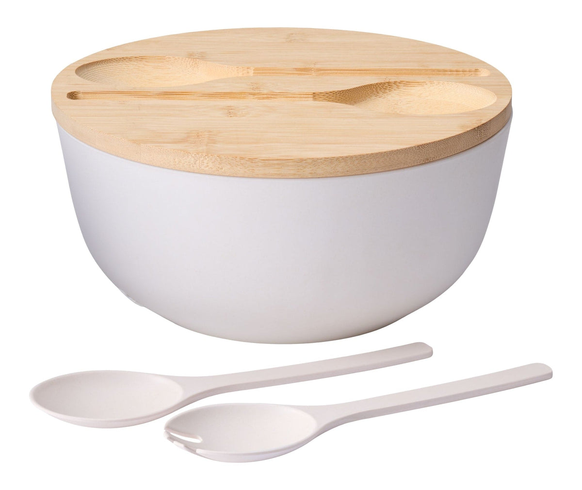 Bamboo Salad Bowl Set with Lid & Servers, White