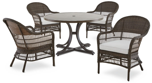 Lorette Outdoor Patio Round Dining Set with Wicker Chairs and Built-in Umbrella Pedestal, Brown, 5-pc A5492