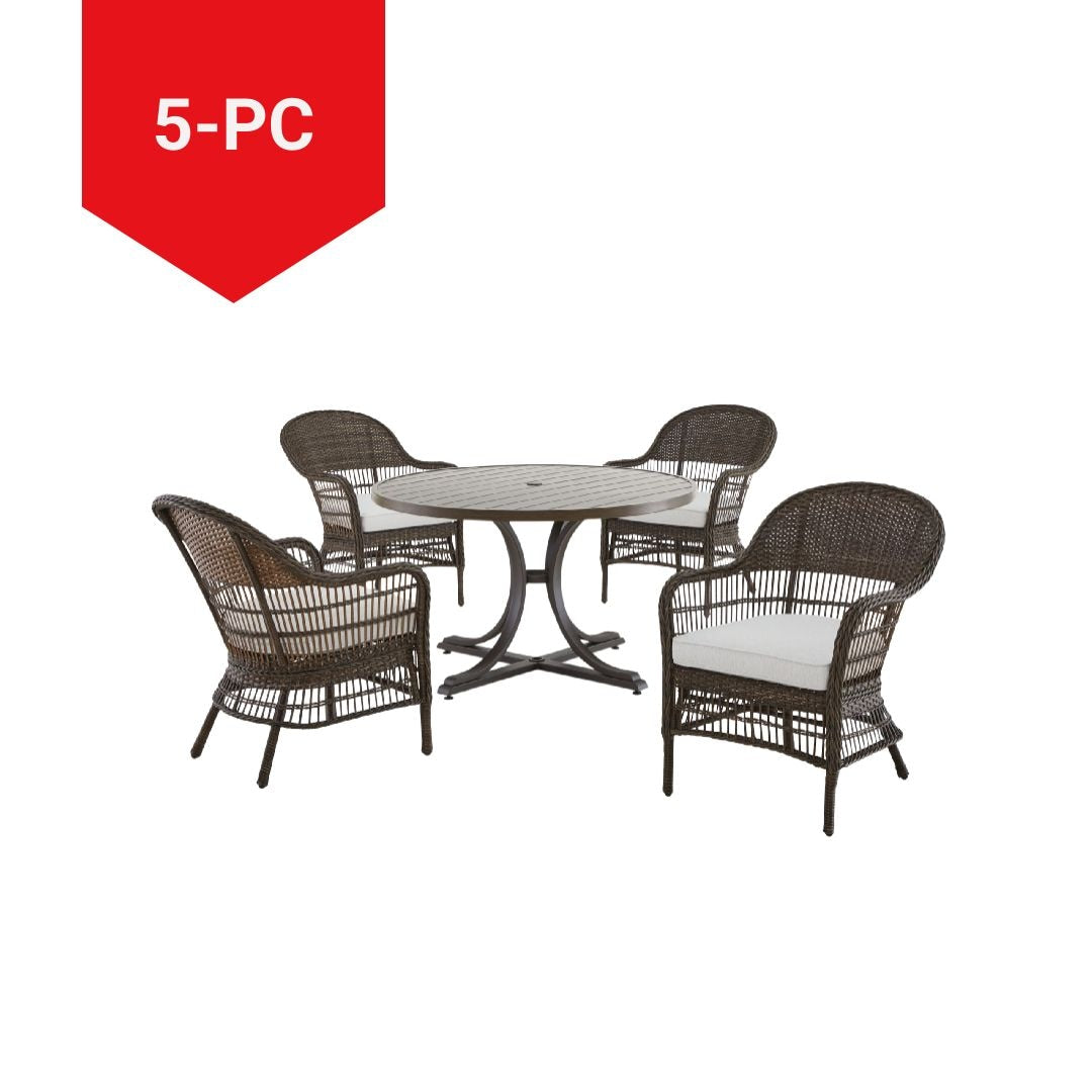 Lorette Outdoor Patio Round Dining Set with Wicker Chairs and Built-in Umbrella Pedestal, Brown, 5-pc