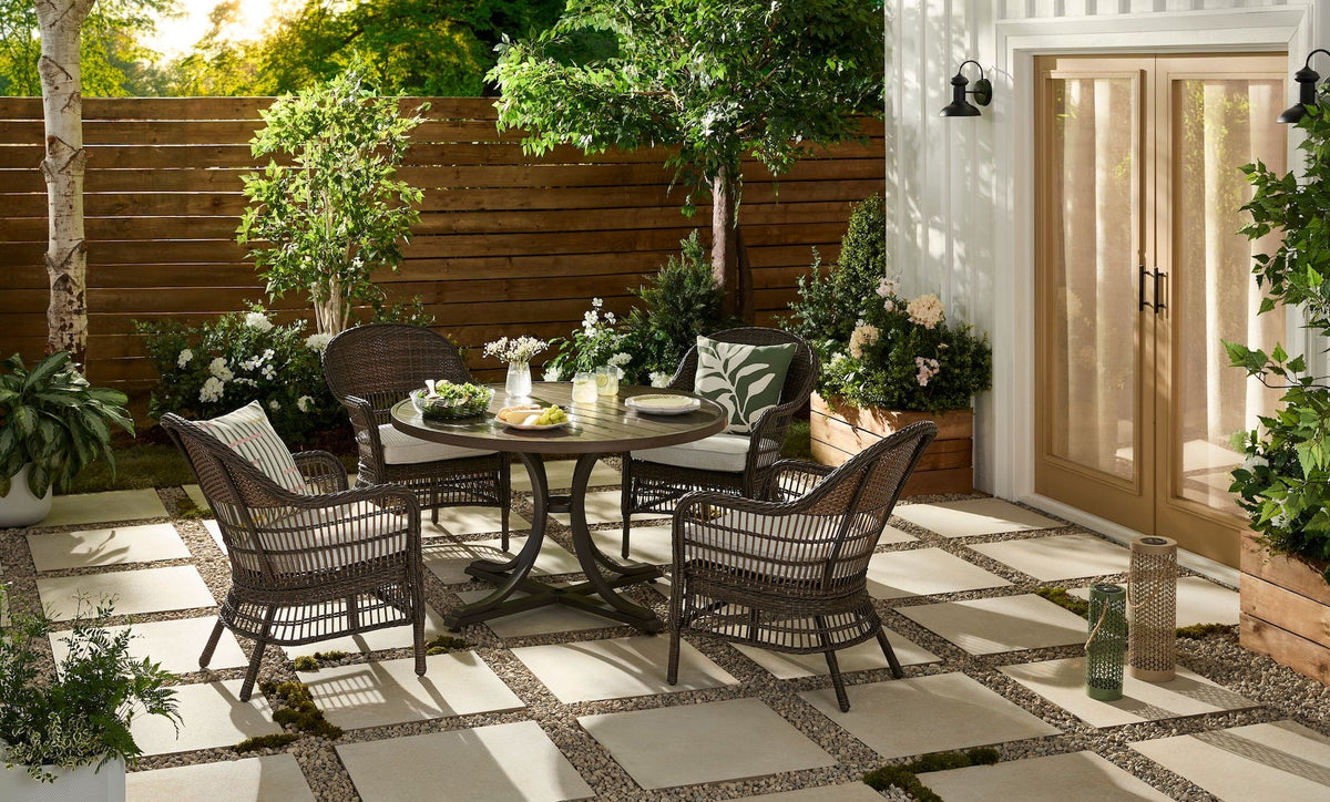 Lorette Outdoor Patio Round Dining Set with Wicker Chairs and Built-in Umbrella Pedestal, Brown, 5-pc