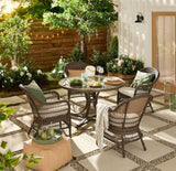 Lorette Outdoor Patio Round Dining Set with Wicker Chairs and Built-in Umbrella Pedestal, Brown, 5-pc