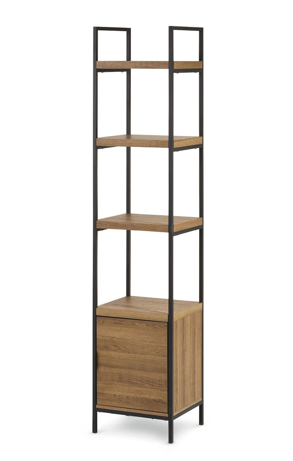 Robson 4-Tier Metal Frame Narrow Bookcase With Storage Door, Oak Finish J0108