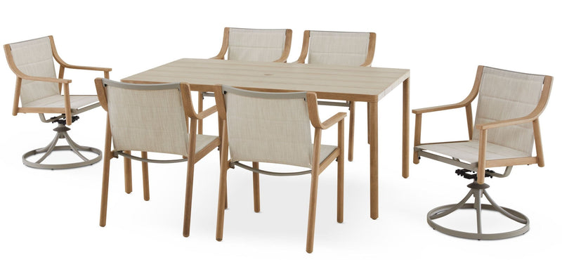 Sauble Sling Outdoor Patio Dining Set with Swivel Chairs and Umbrella Hole, Tan, 7-pc C7824
