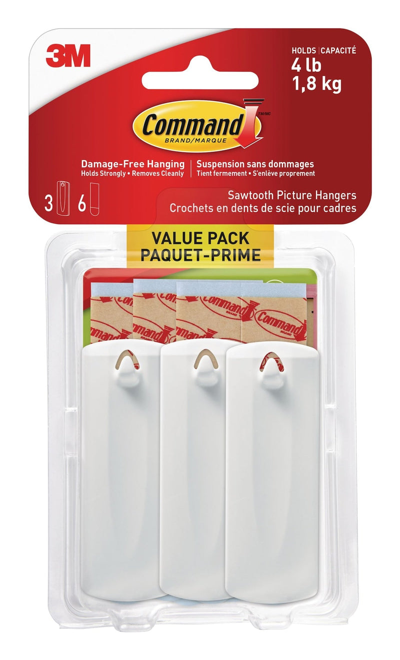 Adhesive Sawtooth Picture Hanging Hooks with Adhesive Strips, White, 4-lbs, 3 Strips per Pack N5580