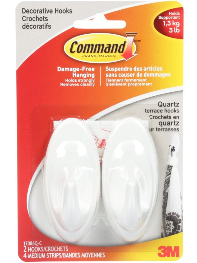 Decorative Quartz Terrace Hooks with Adhesive Strips, White, 3-lbs, 2 Strips per Pack X7990