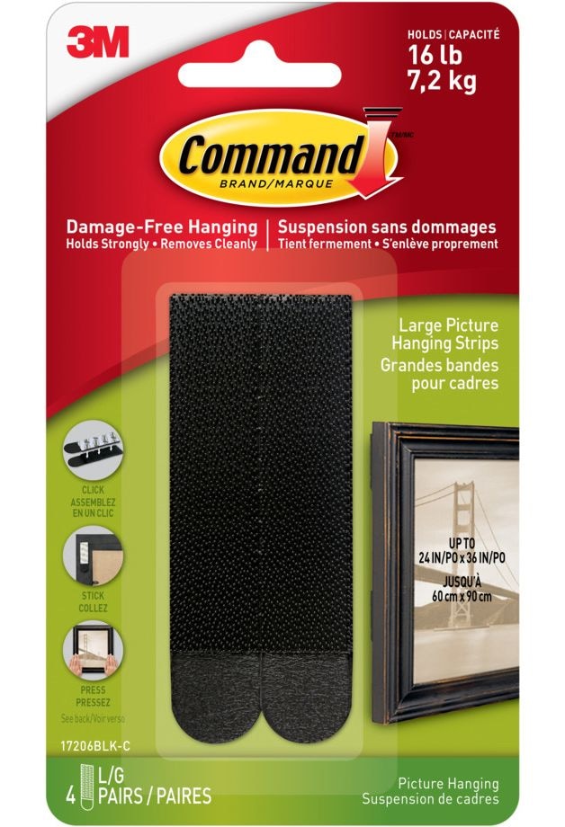 Large Adhesive Picture Hanging Strips, Black, 16-lbs, 4 Strips per Pack O2479