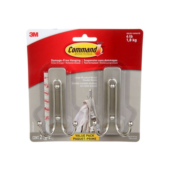 Large Decorative Double Hooks Value Pack with Adhesive Strips, Brushed Nickel, 4-lbs, 2 Strips per Pack A8970