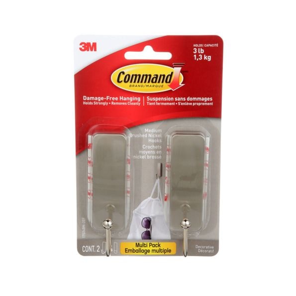 Medium Decorative Hooks with Adhesive Strips, Brushed Nickel, 3-lbs, 2 Strips per Pack A7332