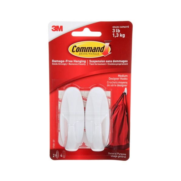 Medium Designer Hooks with Adhesive Strips, White, 3-lbs, 2 Strips per Pack P3524