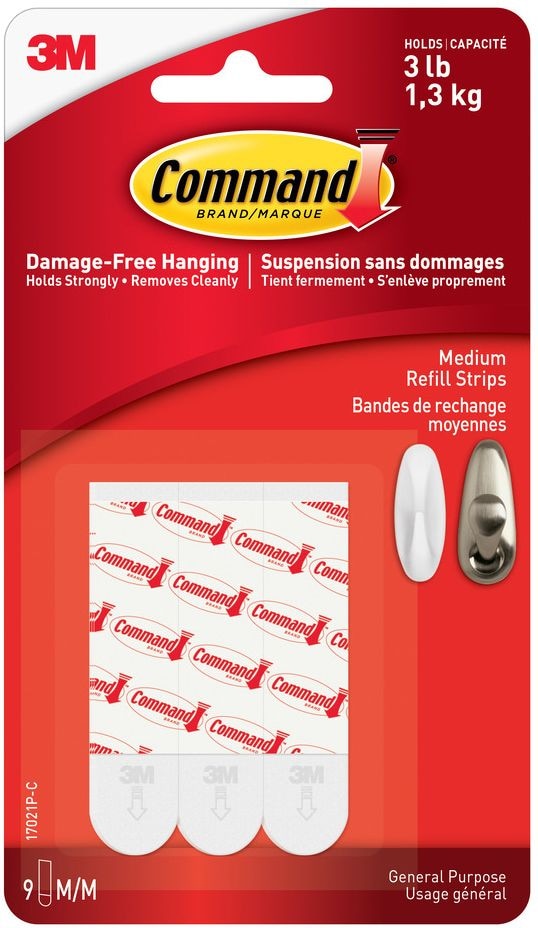 Medium General Purpose Refill Strips for Adhesive Hooks, White, 3-lbs, 9 Strips per Pack O9255