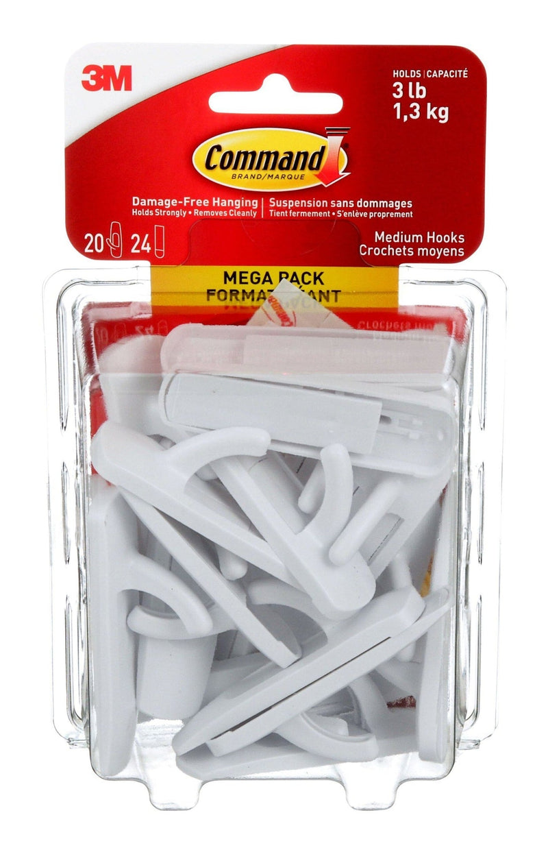 Medium Hooks Mega Pack with Adhesive Strips, White, 3-lbs, 20 Hooks/Pack X7752