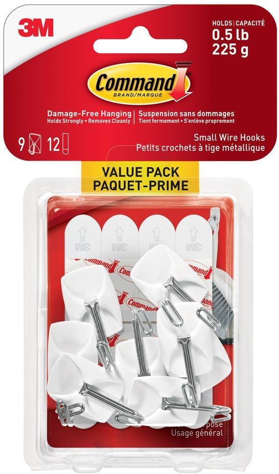 Small Wire Hooks Value Pack with Adhesive Strips, White, 0.5-lbs, 9 Strips per Pack P4765