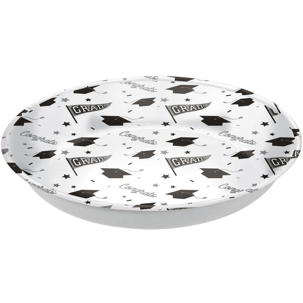 "Congrats Grad" Round Plastic Reusable Serving Bowl, White, 14-in, for Graduation U5903