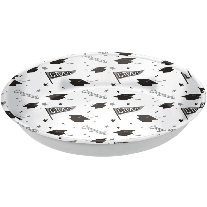 "Congrats Grad" Round Plastic Reusable Serving Bowl, White, 14-in, for Graduation U5903