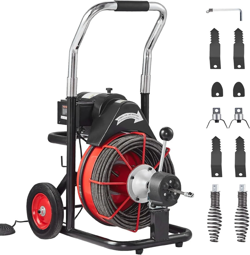 Drain Cleaner Machine 100FT x 1/2 Inch, Auto Feed Sewer Snake Auger on Wheels, 550W Portable Drain Cleaning Machine with 8 Cutters & Air-activated Foot Switch for 2" to 4" Pipes F6998