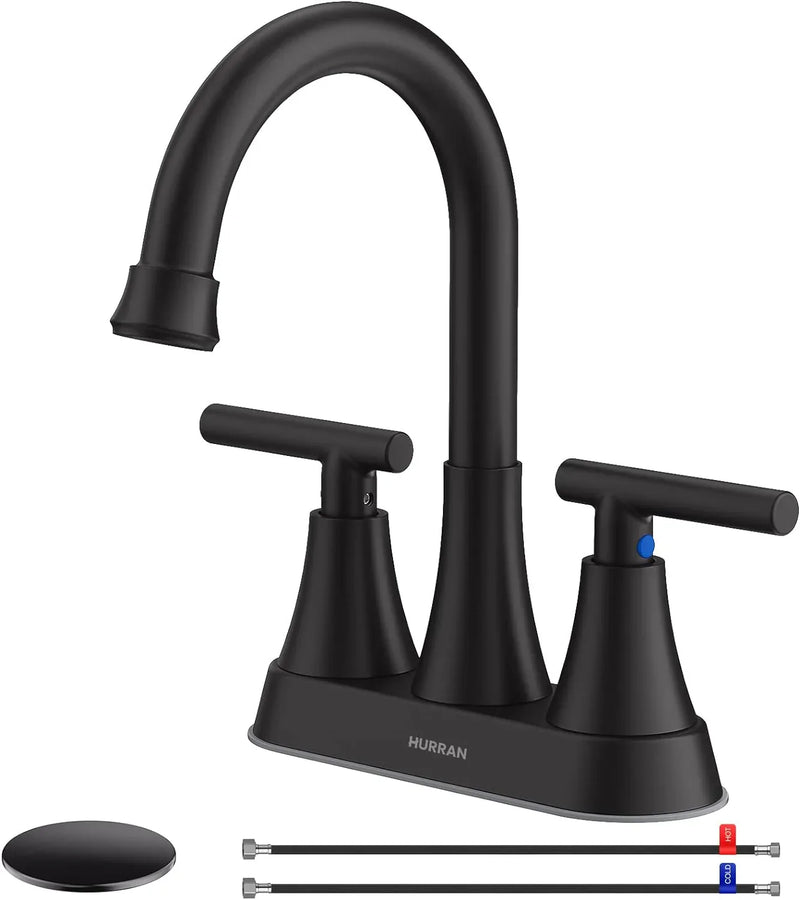 Bathroom Faucets for Sink 3 Hole, Hurran 4 inch Matte Black Bathroom Sink Faucet with Pop-up Drain C7259