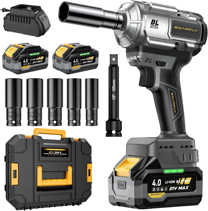 Cordless Impact Wrench, 1200Nm(900ft-lbs) High Torque 1/2'' Impact Wrench, 21V Brushless Electric Impact Gun with 2Pcs 4.0Ah Batteries, 1 Hour Fast Charger, 5 Sockets, Power Impact Driver for Car Home S4196