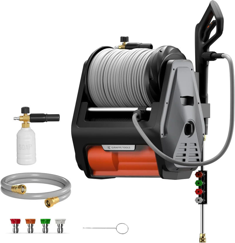 Pressure Washer Pro, Electric Wall Mount Power Washer with 100FT Retractable Pressure Hoses, 3300PSI, 1.6GPM, 4 Nozzles, Foam Cannon for Cars/Patios, Dark Silver A2156