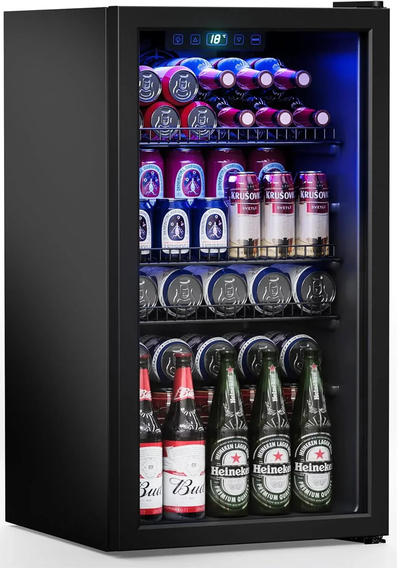 Refrigerator Cooler-120 Cans Freestanding Mini Fridge Cooler with Glass Door, Adjustable Shelves & Digital Temperature Display for Soda, Wine or Beer (Black, 3.2 Cu.Ft) S7802