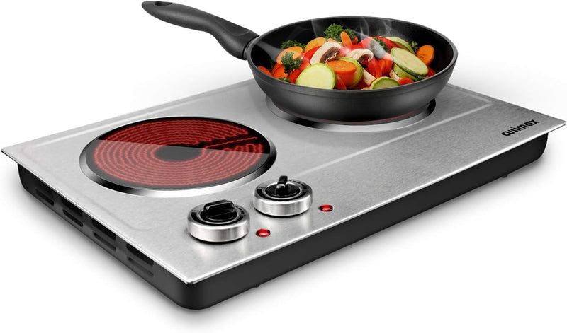 Hot Plate,1800W Ceramic Electric Hot Plate for Cooking, Dual Control Infrared Cooktop, Portable Countertop Burner, Glass Plate Electric Cooktop, Silver, Stainless Steel P4920
