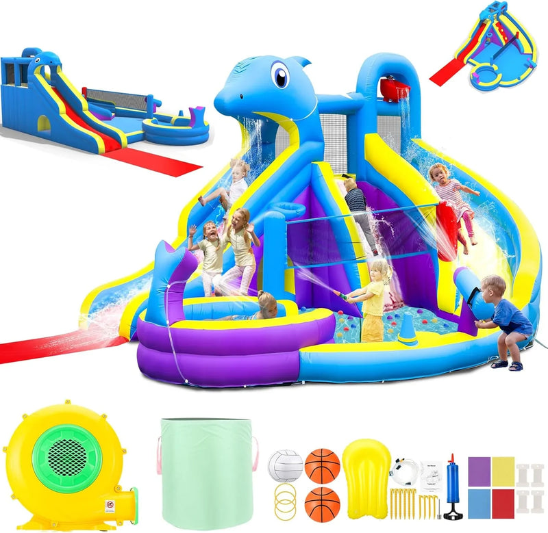 11-in-1 Inflatable Water Slide & Dolphin Bounce House w/2 Long Slides, 19.7 Ft x 13.1 Ft Extra Large Waterslide Climbing Wall w/Small Deeper Pool,Water Cannons,Hoop for Kids Backyard,550W Blower Z2870