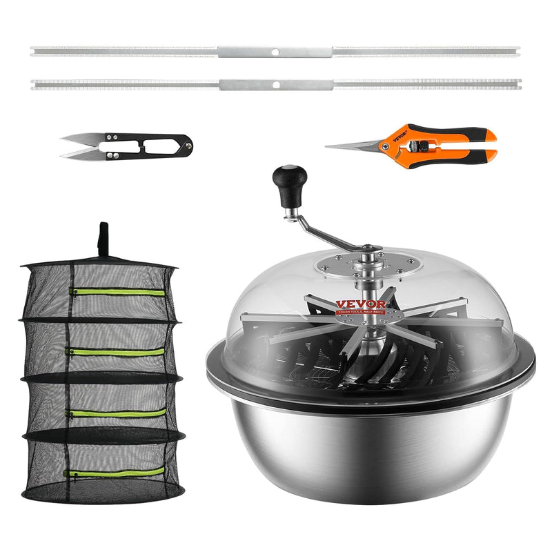 Leaf trimmer, 16-inch trimming bowl, manual flower branch trimmer, equipped with stainless steel blades for rotary trimming, transparent observation cover, foldable herb drying rack and handheld trimmer are all included. P4730