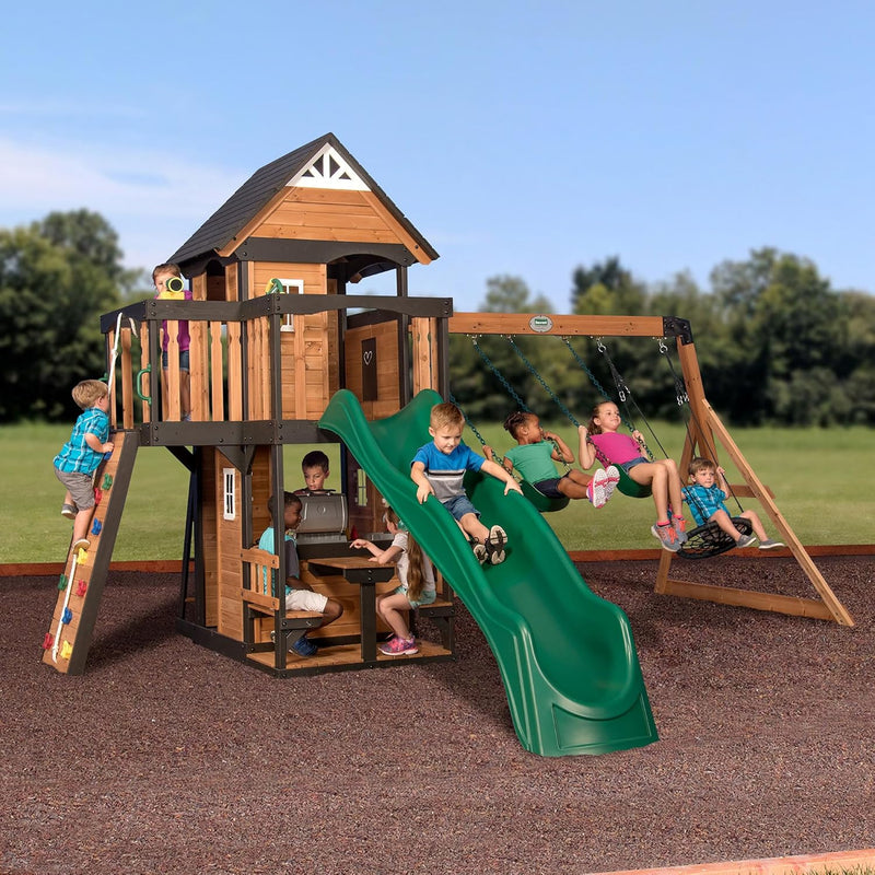 Canyon Creek Cedar Wood Swing Set with Wave Slide, Clubhouse, Play Kitchen, Picnic Area, Belt Swings, Web Swing, Rock Wall, Balconies, Playhouse, Step Ladder, Outdoor Playset N4574