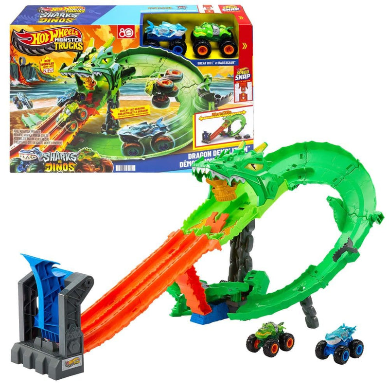 Sharks vs. Dinos Dragon Destruction Playset with 2 1:64 Monster Trucks L3991