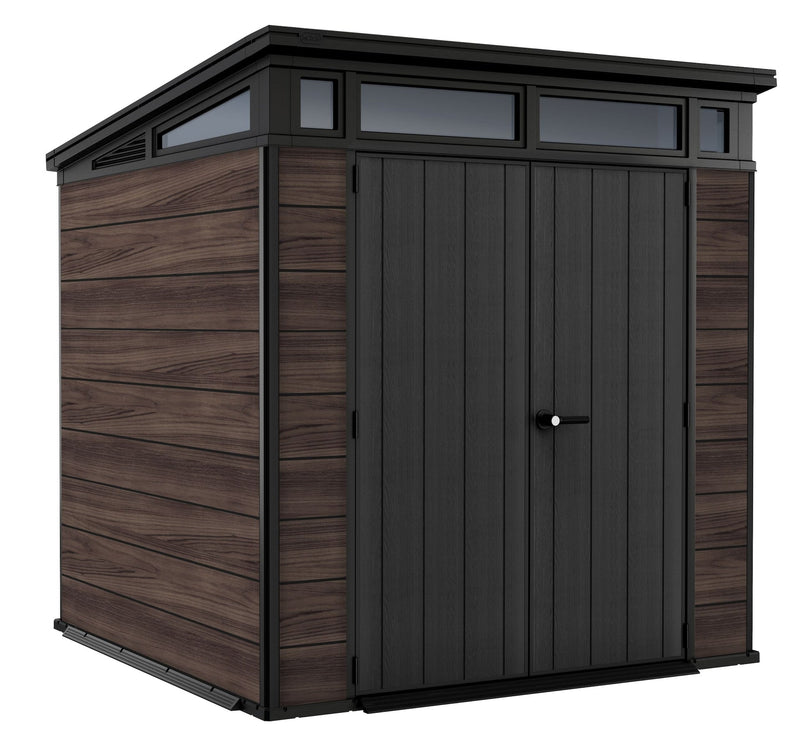 Pent Durable DecoCoat Lockable 2-Door Resin Outdoor Storage Shed with Windows, Brown, 7-ft x 7-ft Y9929