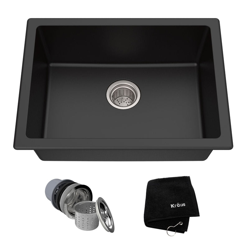 Quarza Top/Undermount Granite Single Bowl Kitchen Sink, Black Onyx, 24x18x9-in F0774