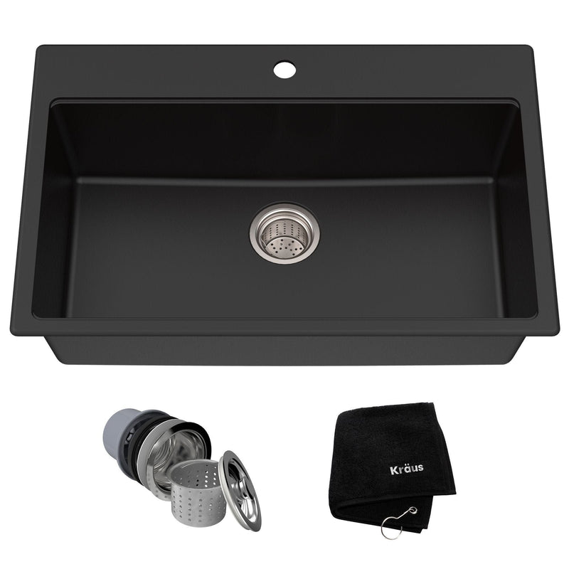Quarza Top/Undermount Granite Single Bowl Kitchen Sink, Black Onyx, 31x20x9-in R5791