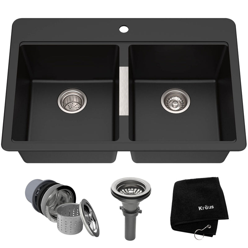 Quarza Undermount Granite Double Bowl Kitchen Sink, Black Onyx, 33x22x10-in G6528