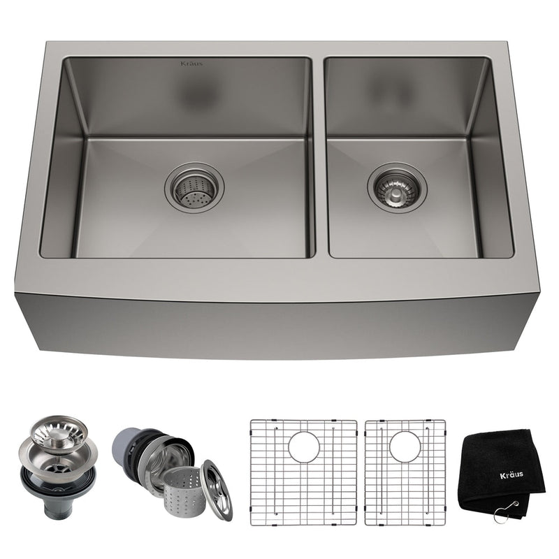 Standard PRO Apron Front Farmhouse Stainless Steel Double Bowl Kitchen Sink, 33x21x10-in F2392