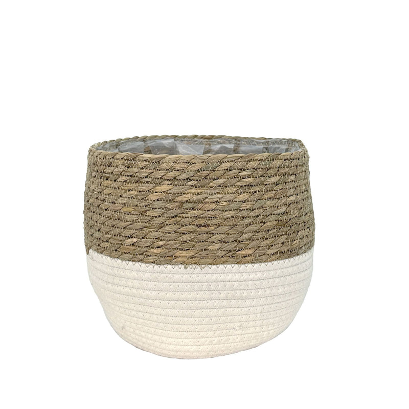 Lynne Weave Cotton Jute Round Basket Planter with Leaf-Proof Plastic Lining, 8-in U7763