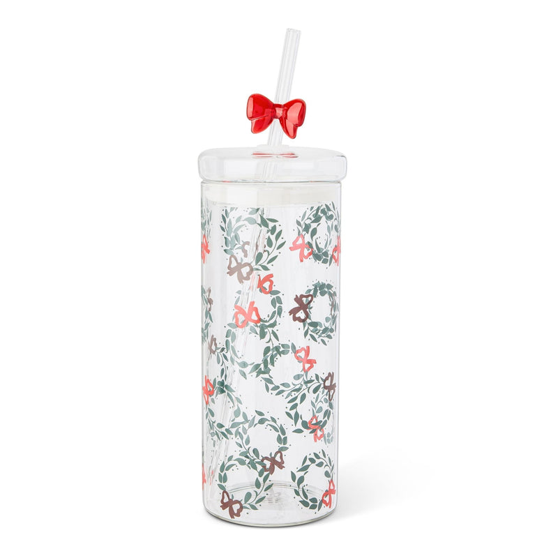 22-oz Printed Glass Tumbler with Bow Charm Straw H2459