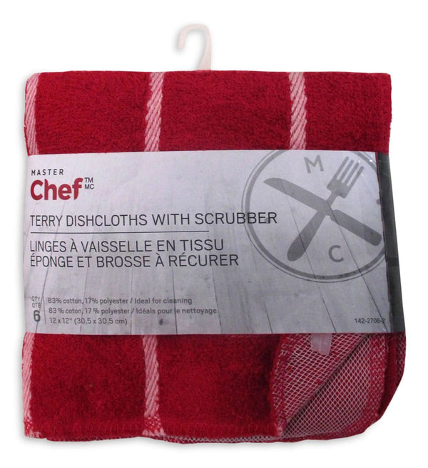 Terry Cotton Checkered Dishcloths, 12-in x 12-in, Red, with Scrubber, 6-pk P0005