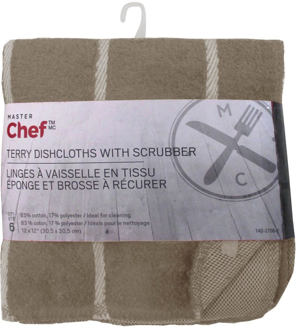 Terry Cotton Checkered Dishcloths with Scrubber, 12-in x 12-in, 6-pk, Brown R5507