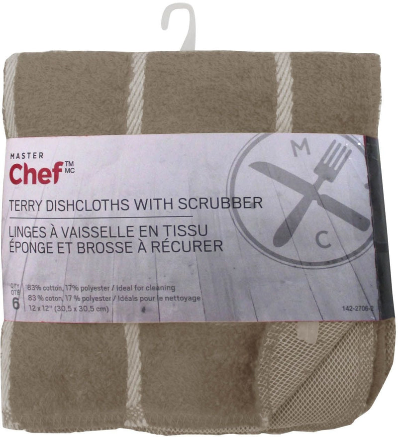 Terry Cotton Checkered Dishcloths with Scrubber, 12-in x 12-in, 6-pk, Brown R5507