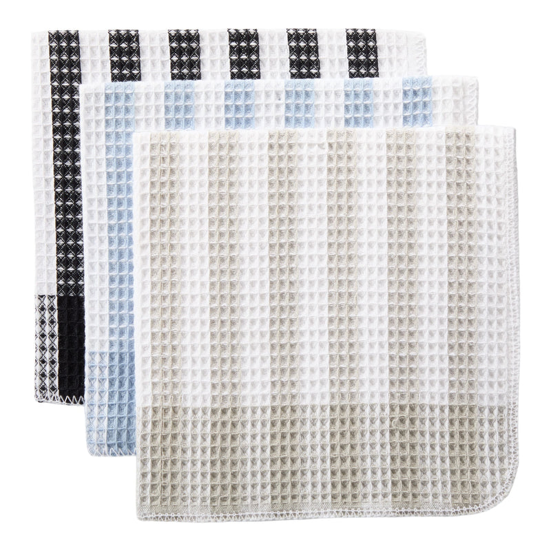Waffle Checkered Cotton Dish Cloths, Black, Grey & Blue, 14-in, 12-pk I7247